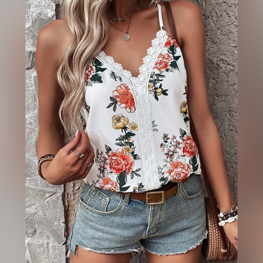 white Floral print Lace vneck Tank Top